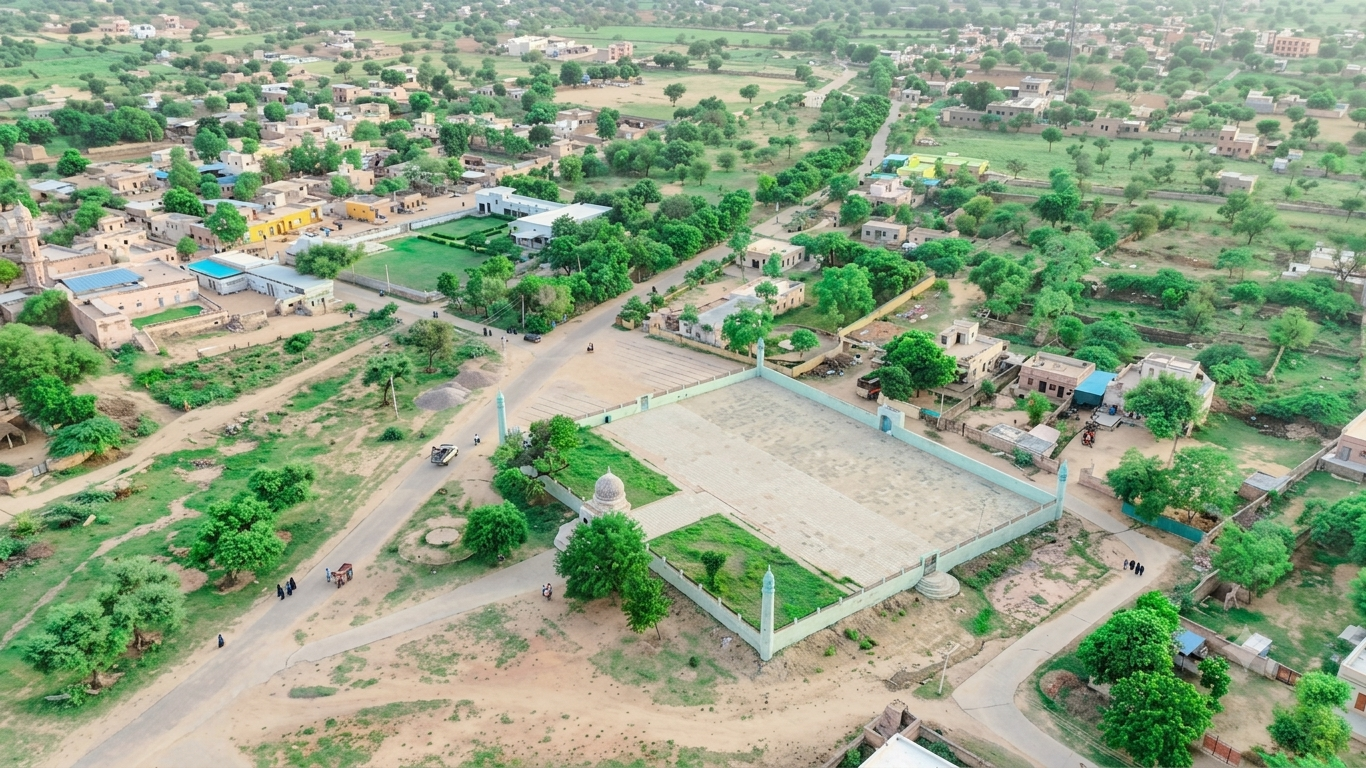 Sherani Abad — mosque grounds and minarets from above