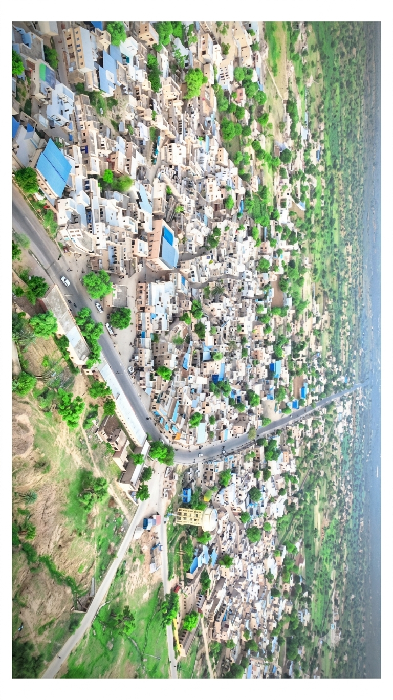 Sherani Abad — vertical aerial shot of dense rooftops and roads