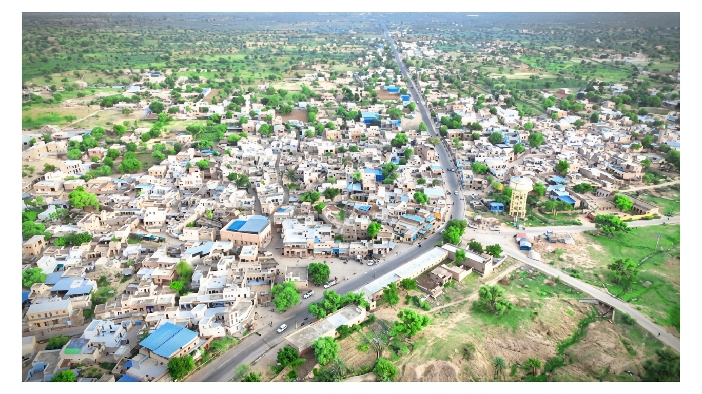 Sherani Abad — wide aerial view of the entire village